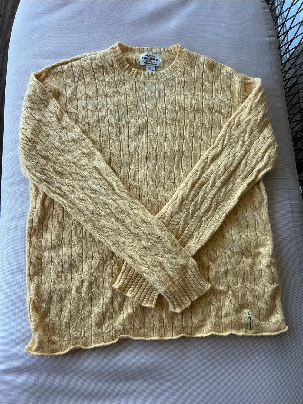 Polo by Ralph Lauren 100 % Wool Men's Pale Yellow Cable Knit Crewneck Sweater